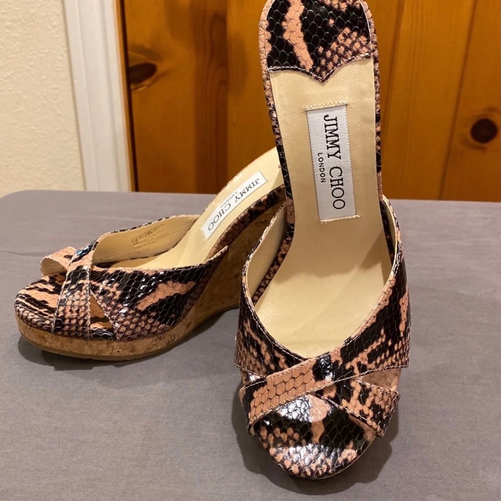 Jimmy Choo Pink and Black Snake Skin Wedges